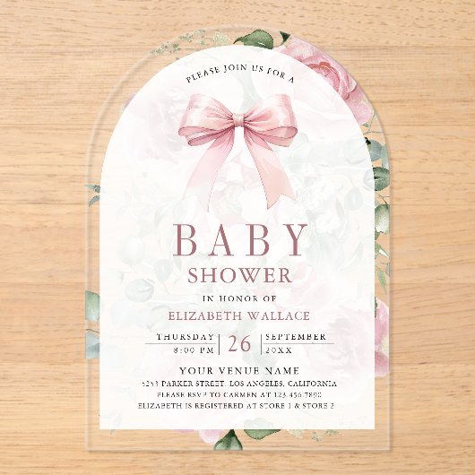 Blush Pink Blumencoquette Bow Arch Babydusche Acryleinladungen (Vorderseite)
