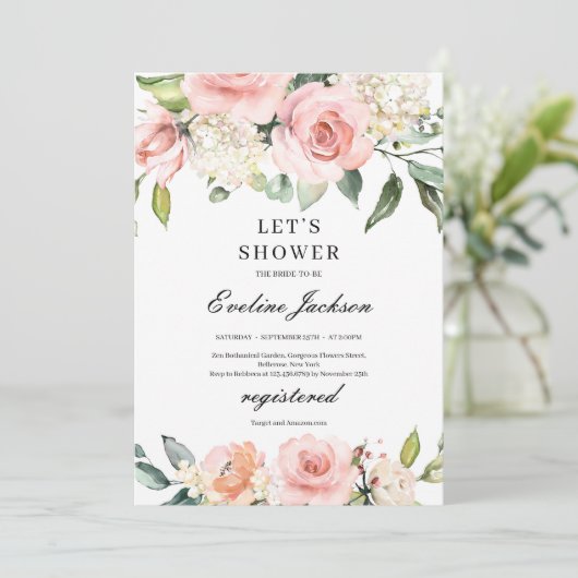 Blush Pink Blumendusche Einladung (Stehend Vorderseite)