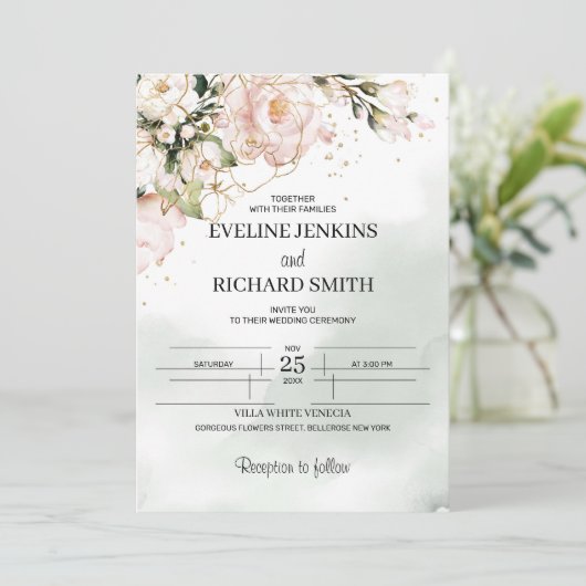 Blush Pink Blumengrün Boho Hochzeitseinladung Einladung (Stehend Vorderseite)