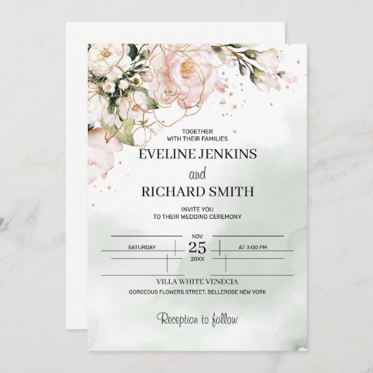 Blush Pink Blumengrün Boho Hochzeitseinladung Einladung (Vorne/Hinten)