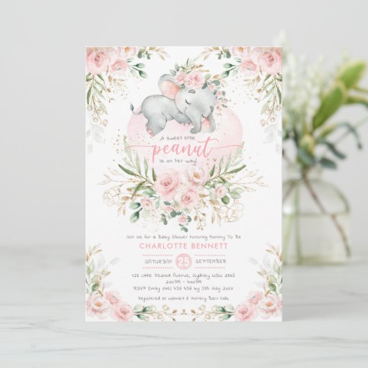 Blush Pink Blumengrün Elephant Babydusche Einladung (Stehend Vorderseite)