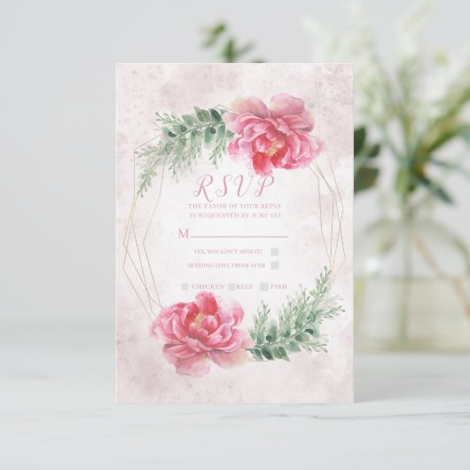Blush Pink Blumengrün Wasserfarben Hochzeit RSVP (Stehend Vorderseite)