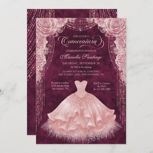 Blush Pink Blumenkleid Quinceanera Einladung (Vorne/Hinten)