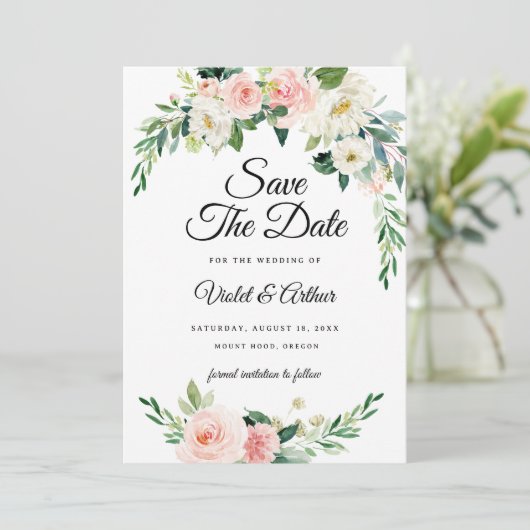 Blush Pink Blumenkreide Hochzeit speichern das Dat Einladung (Stehend Vorderseite)