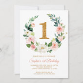 Blush Pink Blumenreath 1. Geburtstag Einladung (Vorderseite)