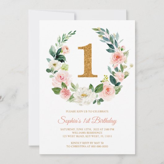 Blush Pink Blumenreath 1. Geburtstag Einladung (Vorderseite)