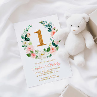 Blush Pink Blumenreath 1. Geburtstag Einladung