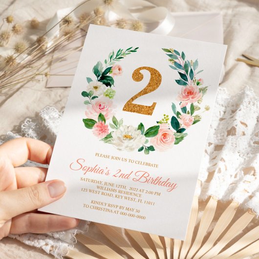 Blush Pink Blumenreath 2. Geburtstag Einladung