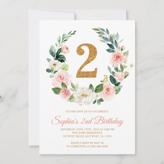 Blush Pink Blumenreath 2. Geburtstag Einladung (Vorderseite)