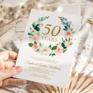 Blush Pink Blumenreath 50. Hochzeitstag Einladung