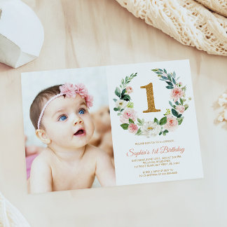 Blush Pink Blumenreath Foto 1. Geburtstag Einladung