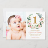 Blush Pink Blumenreath Foto 1. Geburtstag Einladung (Vorderseite)