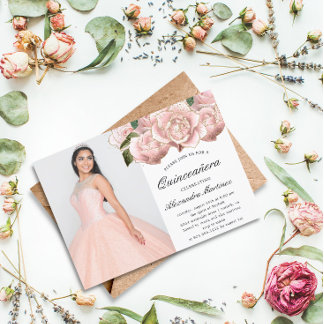 Blush Pink Blumenstrauß Foto Einladung