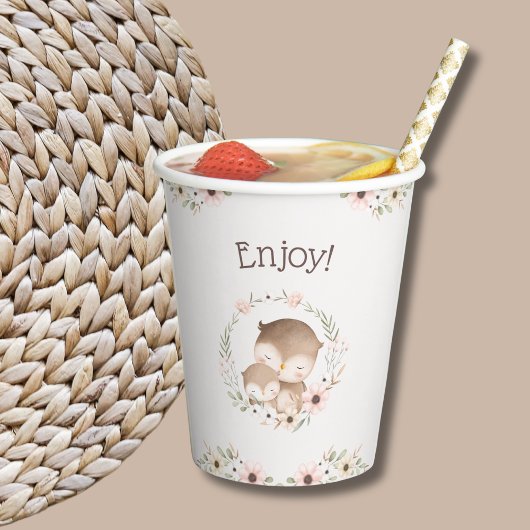 Blush Pink Blumenwald Owl Babydusche Pappbecher