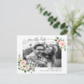 Blush Pink Blüte Save the Date Foto Ankündigungspostkarte (Stehend Vorderseite)