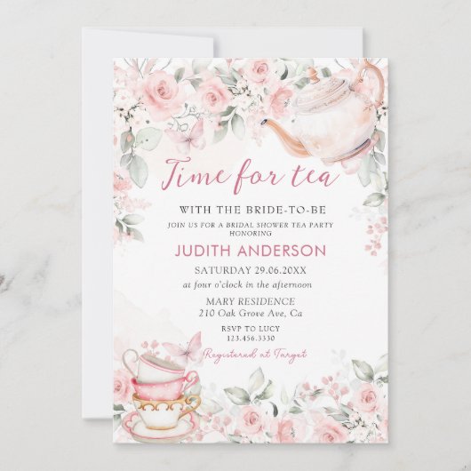Blush Pink Blütenzeit für Tee Brautparty Einladung (Vorderseite)