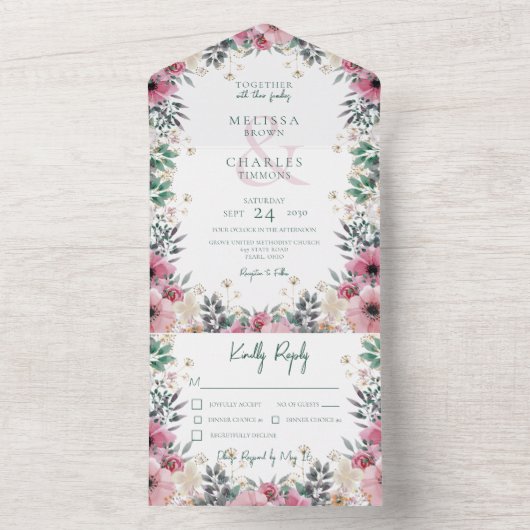 Blush Pink Boho Blumenzeremonie Abendessen All In One Einladung (Innen Boden)