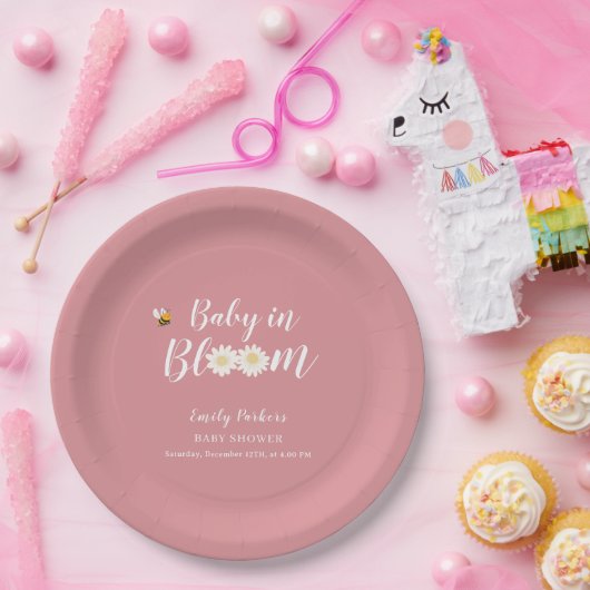 Blush Pink Boho Daisy Blumenbaby in Blütendusche Pappteller (Party)