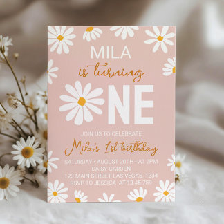 Blush Pink Boho Daisy Einladung zum ersten Geburts