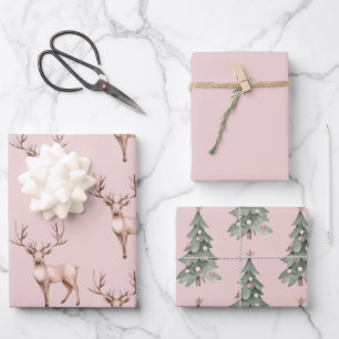 Blush Pink Boho Deer Christmas Trees Geschenkpapier Set