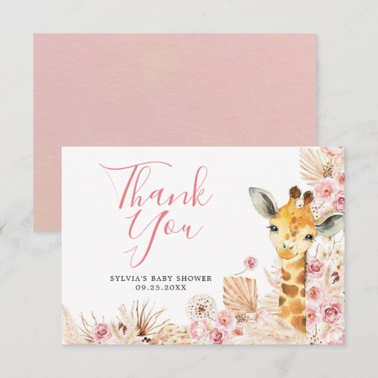 Blush Pink Boho Giraffe Kinderdusche Danke Karte (Vorne/Hinten)