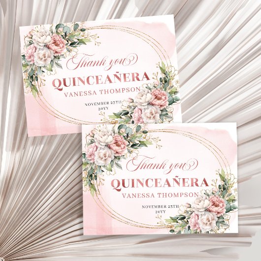 Blush Pink Boho Greenery Floral Quinceañera Thanks Dankeskarte