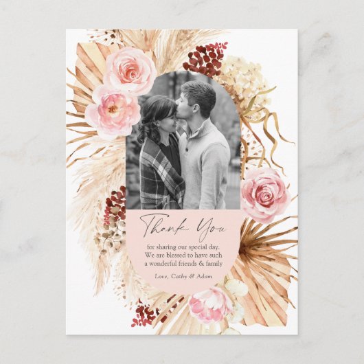 Blush Pink Boho Pampas Foto Hochzeit Vielen Dank Postkarte (Vorderseite)