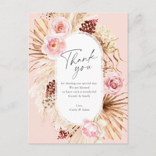 Blush Pink Boho Pampas Grass Floral Wedding Danke Postkarte (Vorderseite)