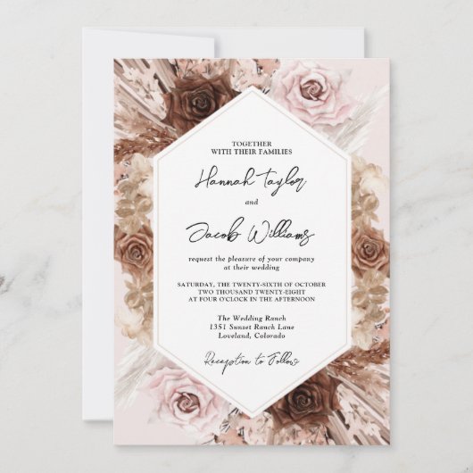 Blush Pink Boho Pampas Grass QR Code UAWG Wedding Einladung (Vorderseite)