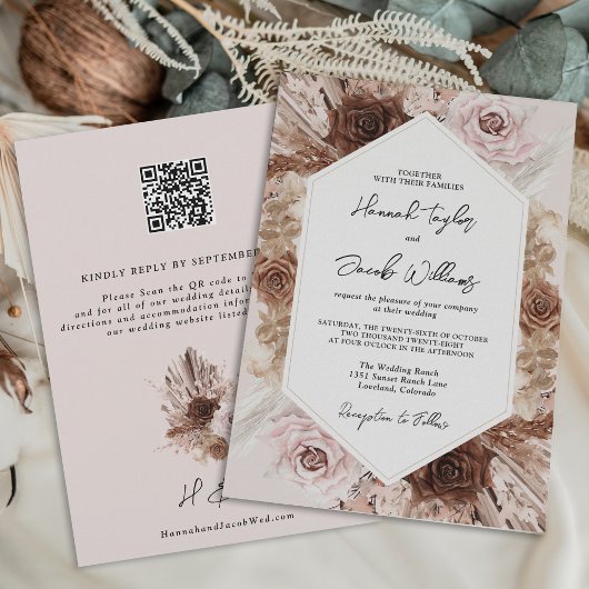 Blush Pink Boho Pampas Grass QR Code UAWG Wedding Einladung