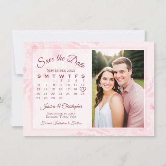 Blush Pink Boho Peonies Calendar & Photo Wedding Save The Date (Vorderseite)