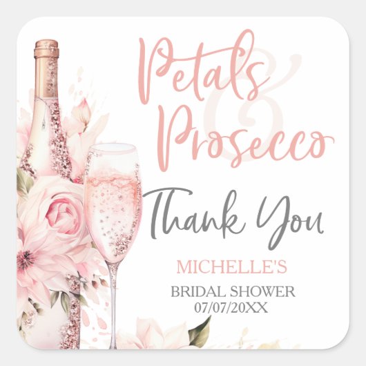 Blush Pink Boho Petals Prosecco Floral Vielen Dank Quadratischer Aufkleber (Vorderseite)