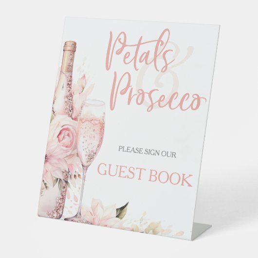 Blush Pink Boho Petals Prosecco Gästebuch Sockelschild (Vorderseite)