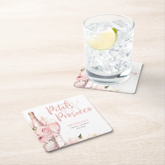 Blush Pink Boho Petals und Prosecco Floral Rechteckiger Pappuntersetzer (Vor Ort)