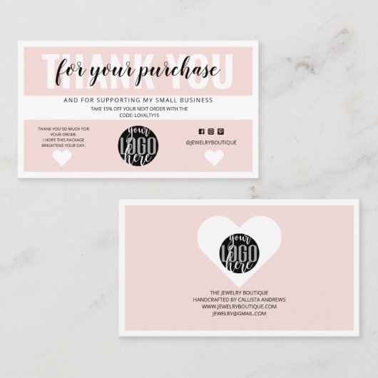 Blush Pink Border Logo Kundenbestellung Vielen Dan Visitenkarte (Vorne/Hinten)