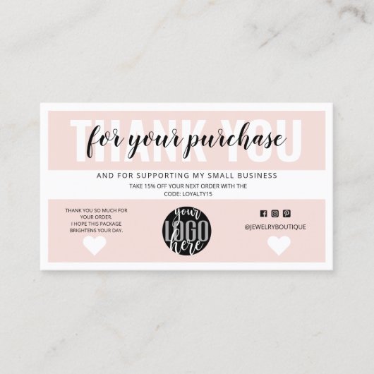 Blush Pink Border Logo Kundenbestellung Vielen Dan Visitenkarte (Vorderseite)