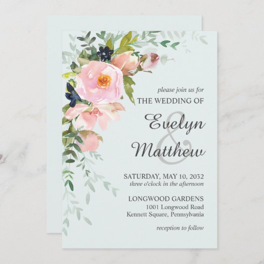 Blush Pink Botanical Light Blue Wedding Einladung (Vorne/Hinten)