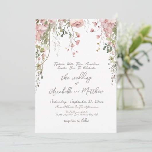 Blush Pink Botanical Watercolor Wildblume Hochzeit Einladung (Stehend Vorderseite)