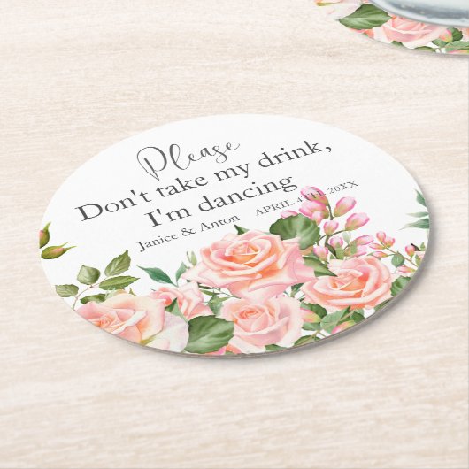 Blush Pink Botanical Wedding Script Runder Pappuntersetzer (Angewinkelt)