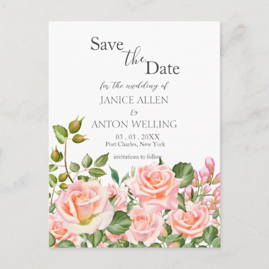 Blush Pink Botanische Hochzeit Speichern Sie das D Postkarte (Vorderseite)