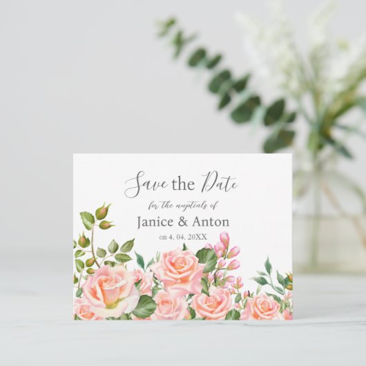 Blush Pink Botanische Hochzeit Speichern Sie das D Postkarte (Stehend Vorderseite)
