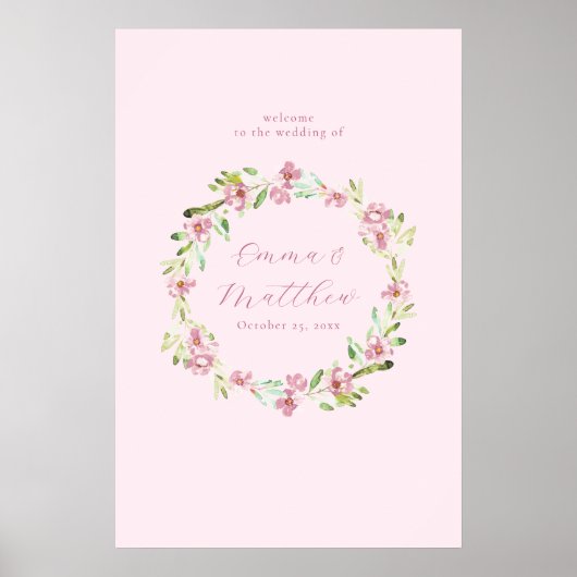 Blush Pink Botanischer Kranz Begrüßungszeichen Poster (Vorne)