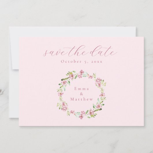 Blush Pink Botanischer Kranz QR Save The Date (Vorderseite)