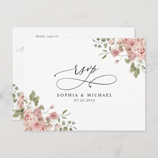 Blush Pink Botanischer QR Code Hochzeit RSVP Postkarte (Vorne/Hinten)