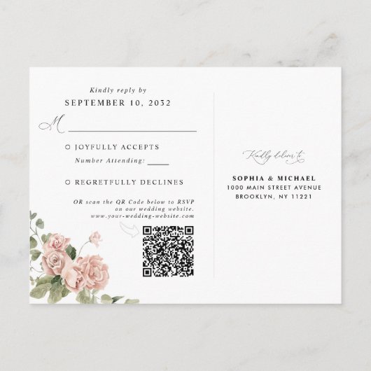 Blush Pink Botanischer QR Code Hochzeit RSVP Postkarte (Rückseite)
