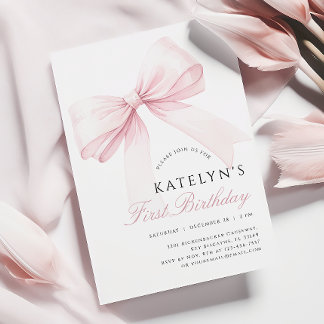 Blush Pink Bow 1. Geburtstag Einladung
