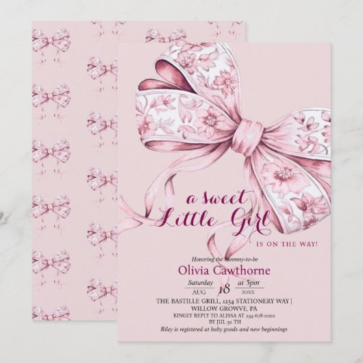 Blush Pink Bow Baby Dusche Einladung (Vorne/Hinten)