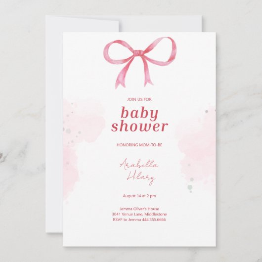 Blush Pink Bow Baby Dusche Einladung (Vorderseite)