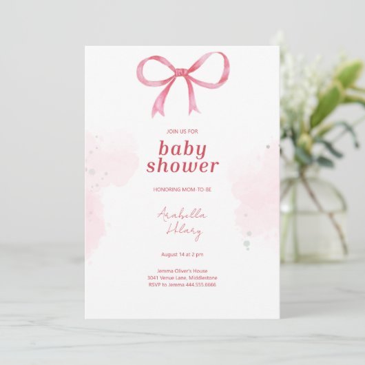 Blush Pink Bow Baby Dusche Einladung (Stehend Vorderseite)