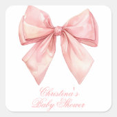Blush Pink Bow Baby Dusche Quadratischer Aufkleber (Vorderseite)